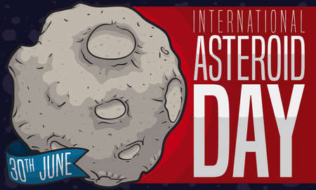 Banner with rocky asteroid with greeting sign and ribbon with reminder date to celebrate International Asteroid Day in June 30.のイラスト素材