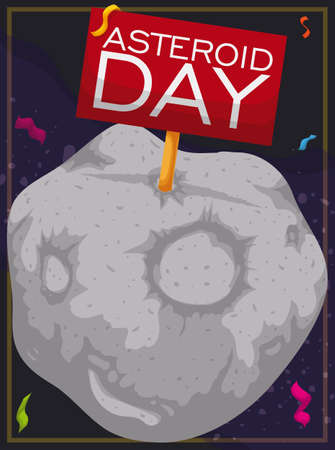 Asteroid view in the space with greeting sign and festive streamers around it to celebrate Asteroid Day.のイラスト素材