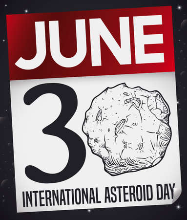 Loose-leaf calendar with reminder date, floating in the space to celebrate International Asteroid Day with an asteroid in hand drawn style with some craters.のイラスト素材