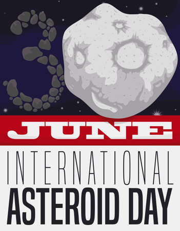Calendar with space view, asteroids and giant planetoid forming the number "30": reminder date to celebrate International Asteroid Day in June.のイラスト素材