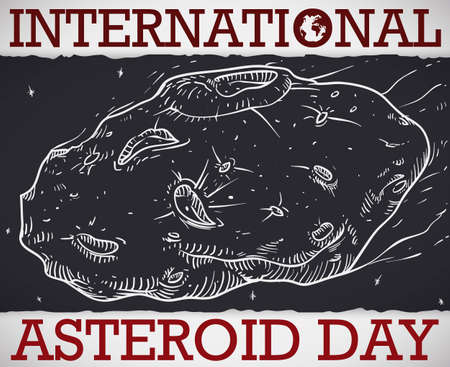 Planetoid in hand drawn style over ragged dark paper, crossing the space and atmosphere like meteor during International Asteroid Day celebration.のイラスト素材