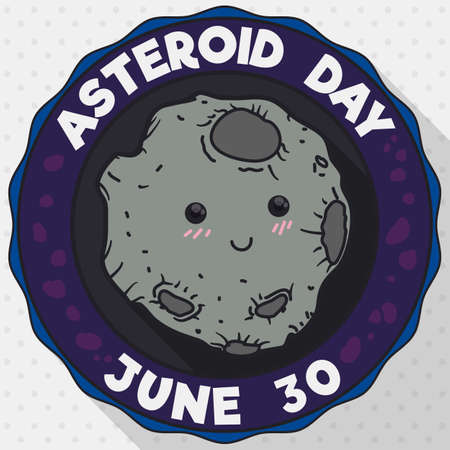 Flat design with long shadow of a tender asteroid inside a round button, smiling at you with the date to celebrate Asteroid Day: June 30.のイラスト素材