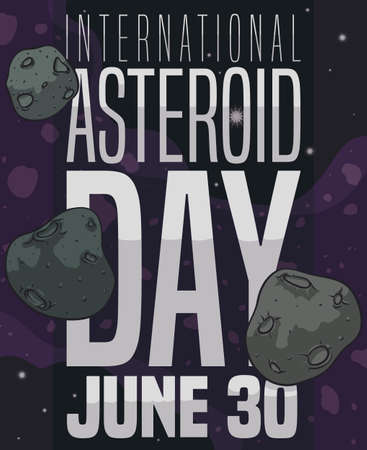 Asteroid belt view with some planetoids with craters, wandering in the outer space in the celebration of International Asteroid Day in June 30.のイラスト素材