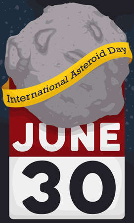 Asteroid with a yellow ribbon around it and over a calendar with reminder date for International...