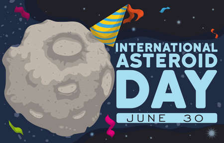 Banner with asteroid wearing a party hat and streamers around it floating in the space and...