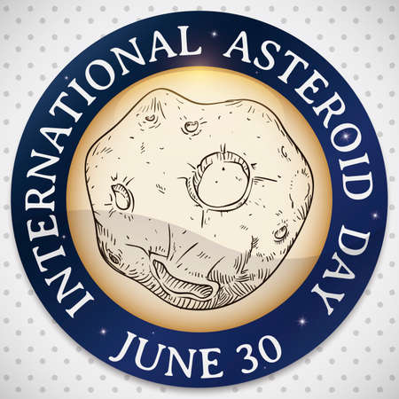 Asteroid in hand drawn style inside round button over spotted background to celebrate International Asteroid Day in June 30.のイラスト素材
