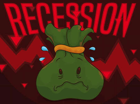 Worried money bag over screen with decreasing line, down arrows and red alerts announcing the upcoming economic recession.のイラスト素材