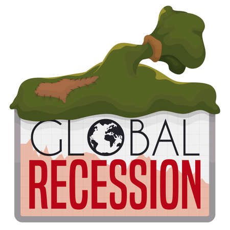 Empty money bag with patch over sign with squared pattern, decreasing graph and globe, announcing global economic recession.のイラスト素材