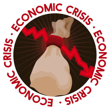 Round button with falling red arrow suffocating a money bag, depicting the critical economic crisis effects.のイラスト素材