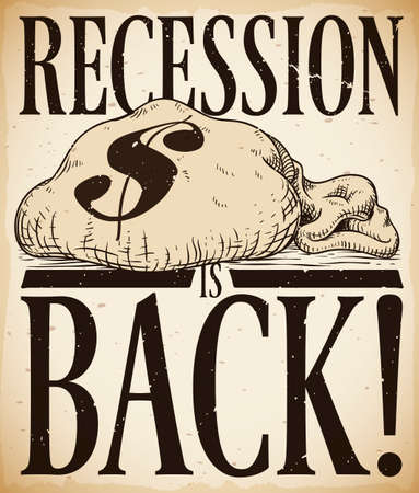Retro poster with empty money bag and dollar symbol announcing the return of economic recession.のイラスト素材