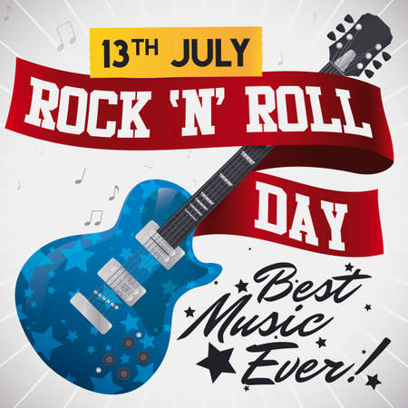 Starry electric guitar decorated with greeting ribbon, music notes and reminder date in tape to celebrate Rock 'n' Roll Day this 13th July.のイラスト素材