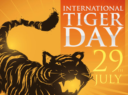 Beautiful tiger in hand draw style and greeting sign with reminder date to celebrate International Tiger Day in July 29.のイラスト素材
