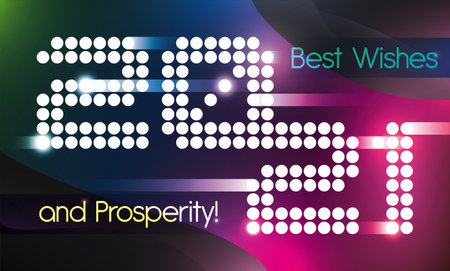 Design with colorful, futuristic and rounded digital numbers, with greeting message for 2021 New...