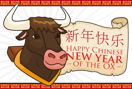 Commemorative design to celebrate a happy Chinese New Year (written in Chinese calligraphy), with ox head and greeting scroll.のイラスト素材