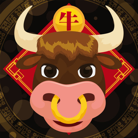 Design to celebrate Chinese New Year  of the Ox (written in Chinese calligraphy) with happy bullock head, sign, lucky rhombus and bokeh in the background.のイラスト素材