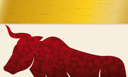 Template with red ox silhouette with floral background and golden label.のイラスト素材