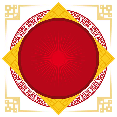 Template in Chinese style with red button, yellow rhombus and round frame, over white background.のイラスト素材