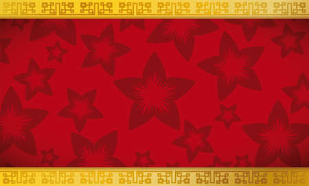 Template with floral pattern over red background and golden borders decorated with Chinese pattern for oriental holidays.のイラスト素材