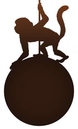 Playful monkey hanging over a round button in silhouettes style, isolated over white background.のイラスト素材