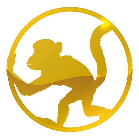 Golden monkey silhouette inside round ring, isolated over white background.のイラスト素材