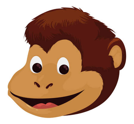 Cute and smiling monkey head with brown hair, isolated over white background.
