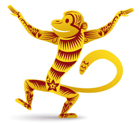 Isolated golden monkey with open arms in Chinese style, representing this Zodiac animal in the Orient culture.のイラスト素材