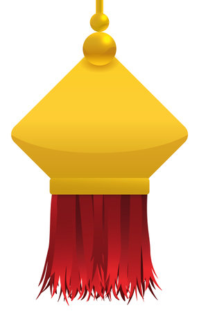 Isolated design with golden medal like Chinese knot and red fringes, over white backgroundのイラスト素材