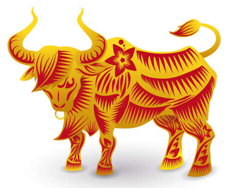 Imposing ox of Chinese Zodiac, decorated with nose ring, big horns, flower, petals and lines in...