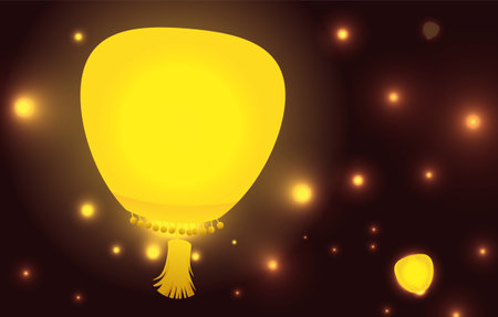 Yellow sky lantern decorated with fringes and many others glowing and floating in the night.のイラスト素材