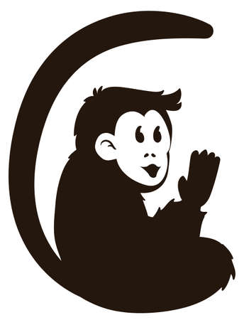 Isolated design with cute monkey with long tail silhouette, saluting at you, over white background.のイラスト素材