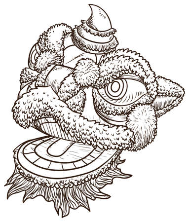 Chinese lion head costume in Southern style in hand drawn style, isolated over white background.のイラスト素材