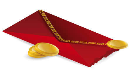 Opened red envelope with some golden coins, for good luck in the Chinese tradition, isolated over white background.のイラスト素材