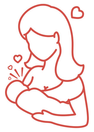 Tender silhouette in outlines style of woman breastfeeding her baby and expressing love with flying hearts, isolated over white background.のイラスト素材