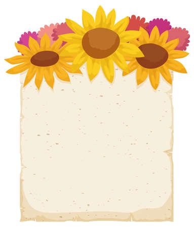 Template with ancient scroll decorated in the top with yellow daisies and pink pompom dahlias, isolated over white background.のイラスト素材