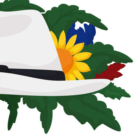 Arrangement decorated with daisy, flowers, leaves and a traditional Aguadas' hat for the Colombian Festival of the Flowers.のイラスト素材