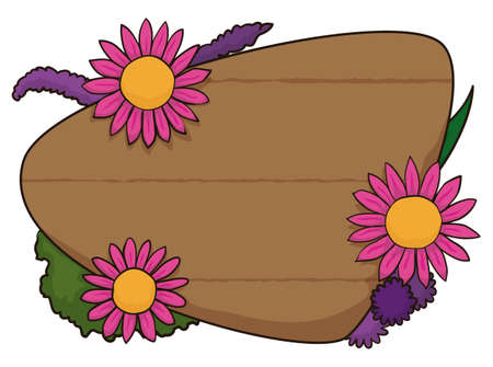Isolated wooden sign template decorated with pink flowers, lavender corsages, pompoms and foliage in cartoon style.のイラスト素材