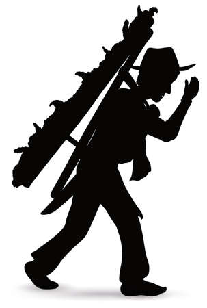 Isolated silhouette of a Silletero man holding on its back a floral arrangement during the celebration of Festival of the Flowers parade.のイラスト素材