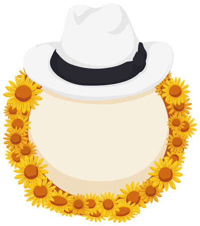 Button template decorated with yellow daisies and traditional white paisa hat in the top.のイラスト素材