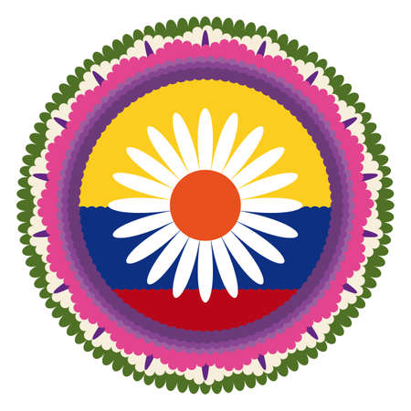 Emblematic round Silleta decorated with Colombian flag colors and flower design, for the traditional parade of Festival of Flowers.のイラスト素材