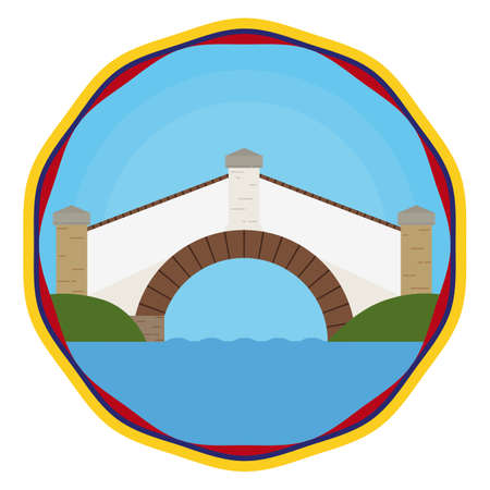 Round button decorated with Colombian flag and view of the iconic Bridge of Boyaca and the Teatinos river.のイラスト素材