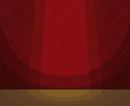 Theater stage with red and squared wall, wooden floor and spotlight, design in cartoon style.のイラスト素材
