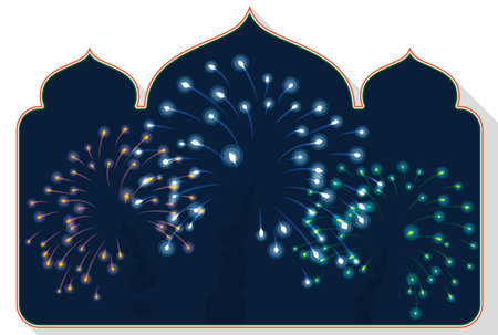 Sign like window looking the night with onion domes, frame and fireworks display with Indian colors: saffron, white and green to celebrate national day. Flat design with long shadow.のイラスト素材