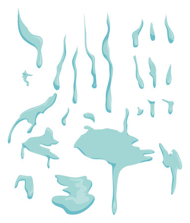 Set with variety of water drops and puddles in cartoon style, over white background.のイラスト素材