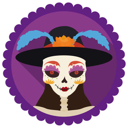 Portrait with elegant Catrina, wearing a fancy hat and its face decorated with traditional Mexican pattern in flat style and long shadow.のイラスト素材