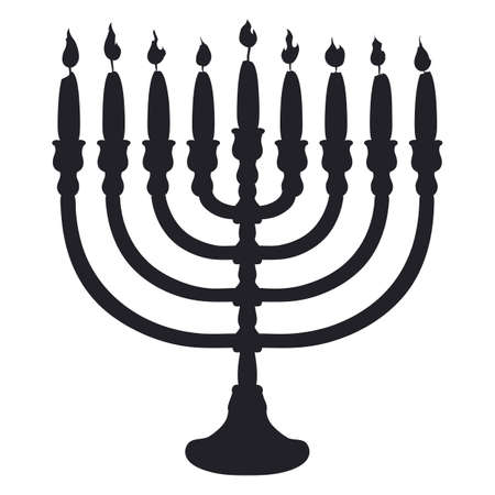 Candelabrum silhouette with nine lighted candles for Hanukkah, isolated over white background.のイラスト素材