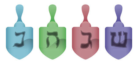 Set with colorful dreidels and Hebrew letters -nun, gimel, hei, shin- to play during Hanukkah celebration.のイラスト素材