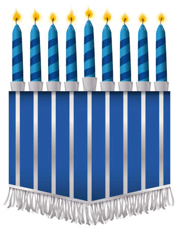 Blue, lighted and striped candles like a hanukkiah over pennant decorated with fringes over white background.のイラスト素材