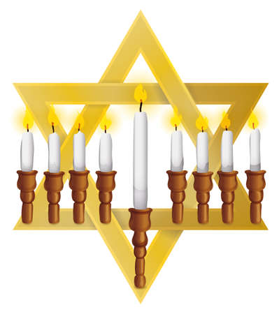 Golden David's Star forming a Hanukkiah with nine lighted candles for Hanukkah.のイラスト素材