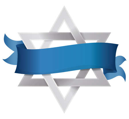 Blue ribbon template with empty space, wrapping a silver Star of David over white background.のイラスト素材