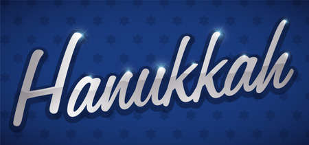 Banner with silver greeting sign for Hanukkah over blue background and Stars of David pattern.のイラスト素材